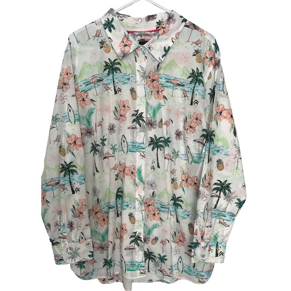 Talbots Women 3X Long Sleeve Button Up Shirt Cotton Tropical Floral Pineapple